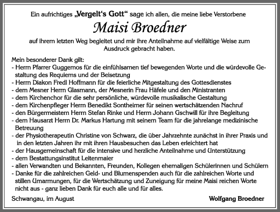Traueranzeige von Maisi Broedner von Allgäuer Zeitung, Füssen