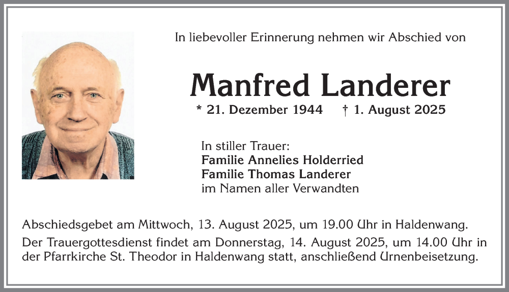  Traueranzeige für Manfred Landerer vom 09.08.2025 aus Allgäuer Zeitung,Kempten