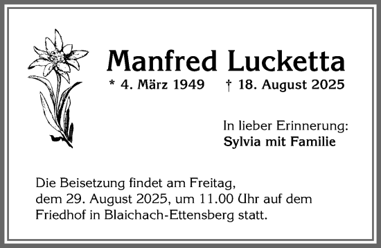 Traueranzeige von Manfred Lucketta von Allgäuer Anzeigeblatt