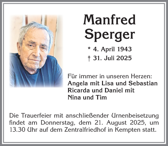 Traueranzeige von Manfred Sperger von Allgäuer Zeitung,Kempten