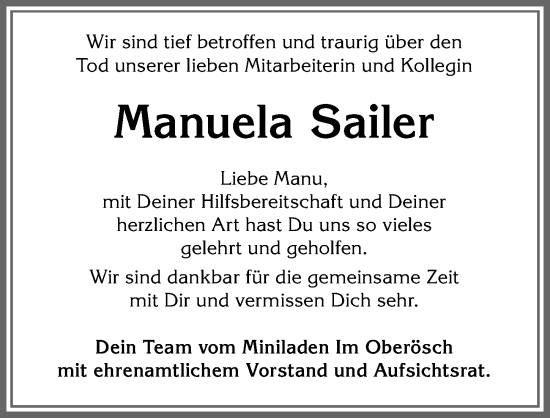 Traueranzeige von Manuela Sailer von Allgäuer Zeitung,Kempten