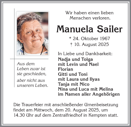 Traueranzeige von Manuela Sailer von Allgäuer Zeitung,Kempten