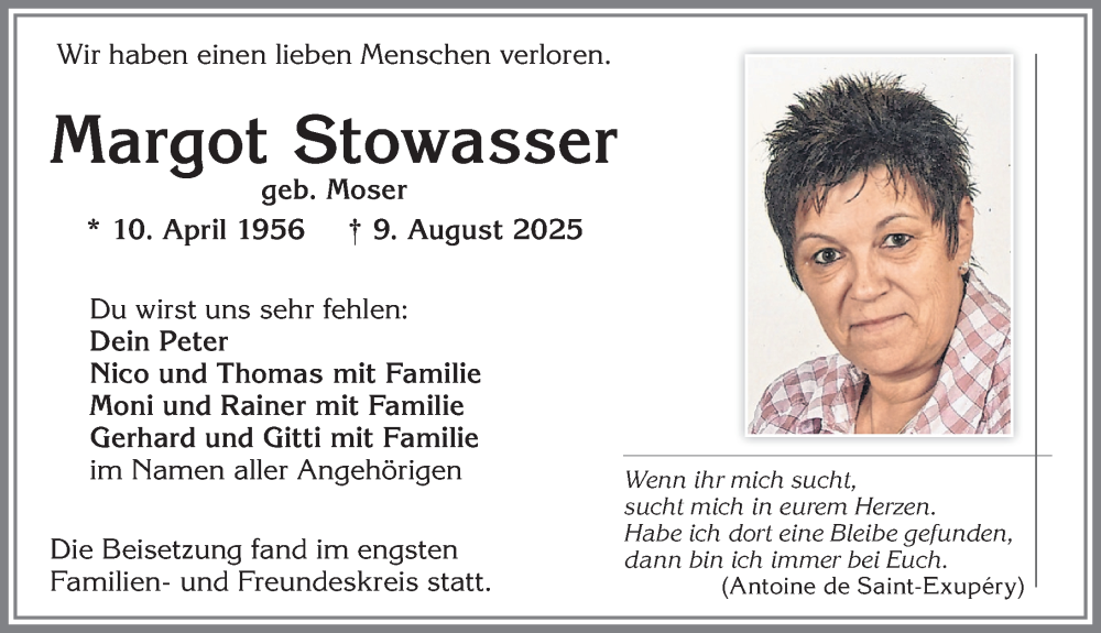  Traueranzeige für Margot Stowasser vom 23.08.2025 aus Allgäuer Zeitung,Kempten