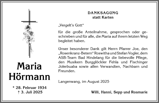 Traueranzeige von Maria Hörmann von Allgäuer Anzeigeblatt