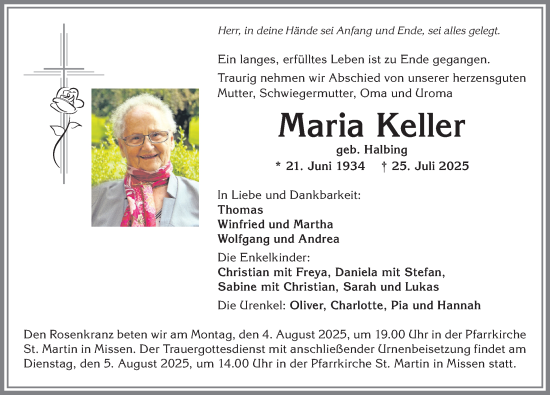Traueranzeige von Maria Keller von Allgäuer Anzeigeblatt