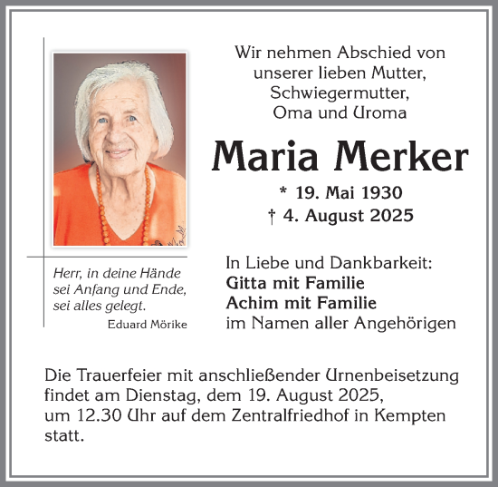 Traueranzeige von Maria Merker von Allgäuer Zeitung,Kempten