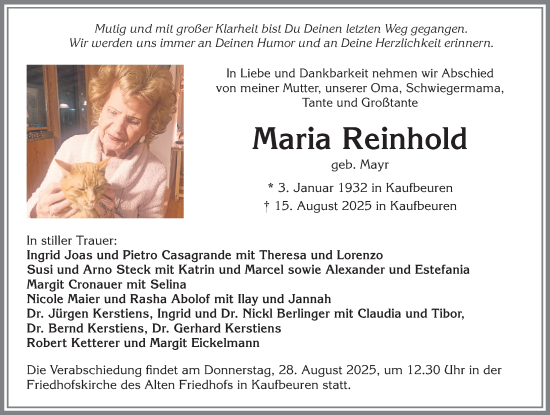 Traueranzeige von Maria Reinhold von Allgäuer Zeitung, Kaufbeuren/Buchloe