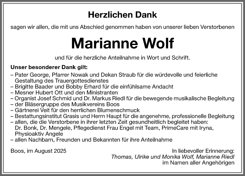 Traueranzeige für Marianne Wolf vom 02.08.2025 aus Memminger Zeitung
