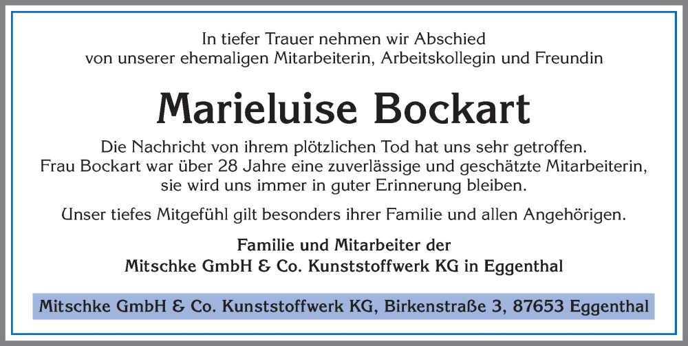 Traueranzeige für Marieluise Bockart vom 27.08.2025 aus Allgäuer Zeitung, Kaufbeuren/Buchloe