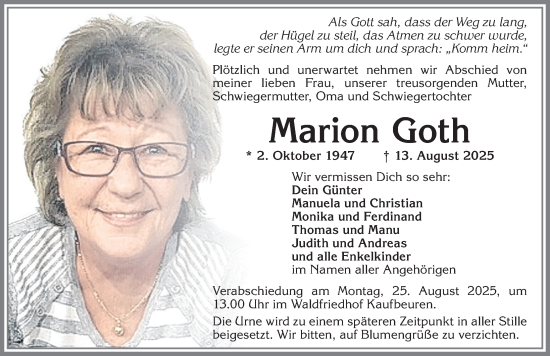 Traueranzeige von Marion Goth von Allgäuer Zeitung, Kaufbeuren/Buchloe