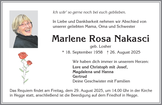 Traueranzeige von Marlene Rosa Nakasci von Allgäuer Zeitung,Kempten