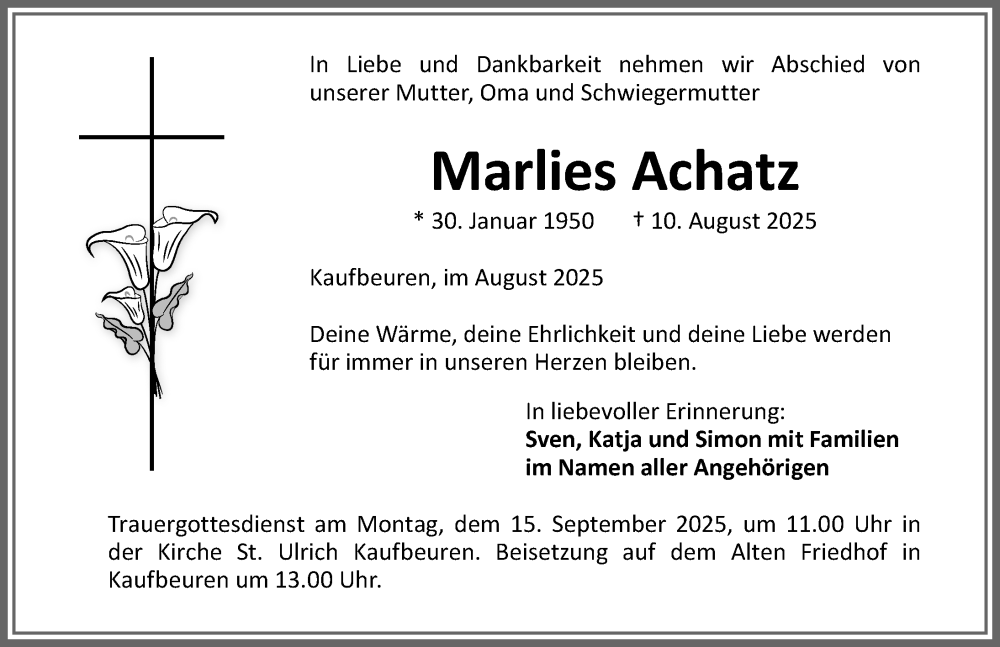  Traueranzeige für Marlies Achatz vom 30.08.2025 aus Allgäuer Zeitung, Kaufbeuren/Buchloe