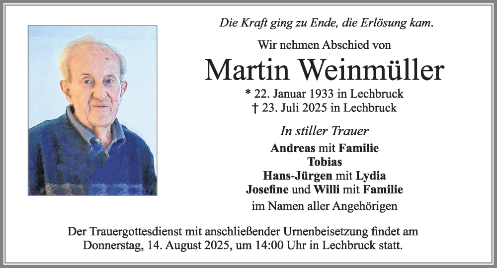  Traueranzeige für Martin Weinmüller vom 09.08.2025 aus Allgäuer Zeitung, Füssen