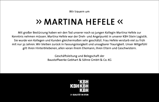 Traueranzeige von Martina Hefele von Memminger Zeitung
