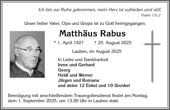 Traueranzeige von Matthäus Rabus von Memminger Zeitung