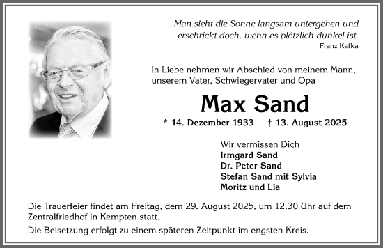 Traueranzeige von Max Sand von Allgäuer Zeitung,Kempten