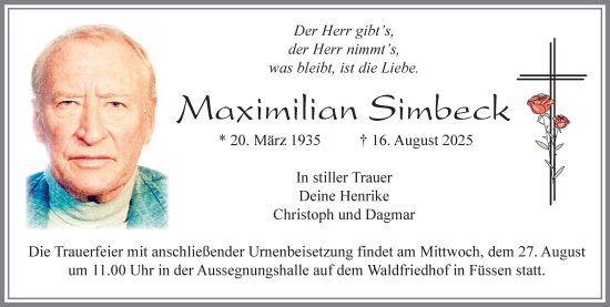 Traueranzeige von Maximilian Simbeck von Allgäuer Zeitung, Füssen