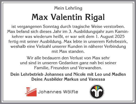 Traueranzeige von Max Valentin Rigal von Allgäuer Zeitung,Kempten