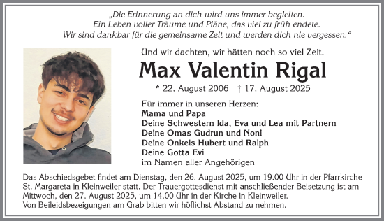 Traueranzeige von Max Valentin Rigal von Allgäuer Zeitung,Kempten