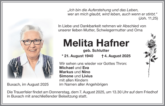Traueranzeige von Melita Hafner von Memminger Zeitung
