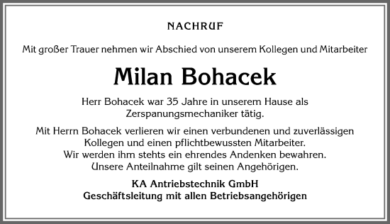 Traueranzeige von Milan Bohacek von Memminger Zeitung