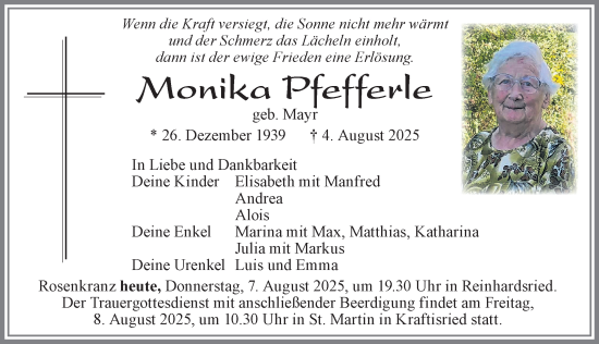 Traueranzeige von Monika Pfefferle von Allgäuer Zeitung, Marktoberdorf