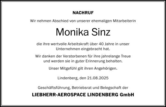 Traueranzeige von Monika Sinz von Der Westallgäuer