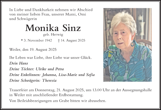 Traueranzeige von Monika Sinz von Der Westallgäuer