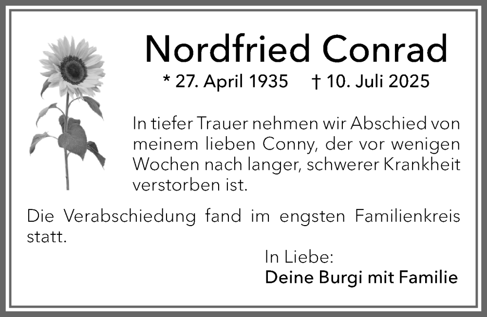  Traueranzeige für Nordfried Conrad vom 09.08.2025 aus Allgäuer Zeitung,Kempten