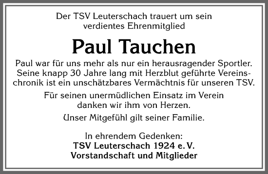 Traueranzeige von Paul Tauchen von Allgäuer Zeitung, Marktoberdorf