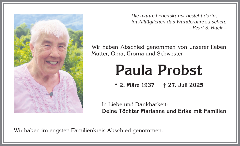 Traueranzeige für Paula Probst vom 09.08.2025 aus Allgäuer Anzeigeblatt