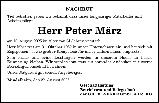 Traueranzeige von Peter März von Mindelheimer Zeitung, Augsburger Allgemeine