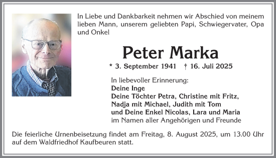 Traueranzeige von Peter Marka von Allgäuer Zeitung, Kaufbeuren/Buchloe