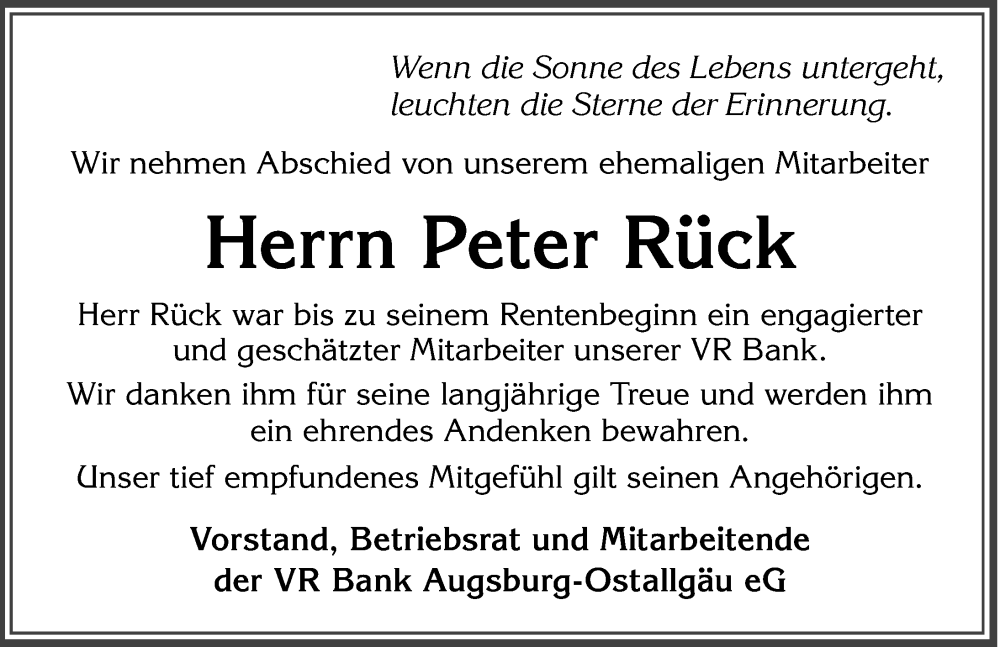  Traueranzeige für Peter Rück vom 02.08.2025 aus Allgäuer Zeitung, Füssen