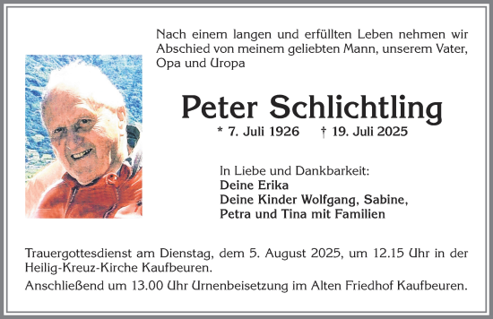 Traueranzeige von Peter Schlichtling von Allgäuer Zeitung, Kaufbeuren/Buchloe