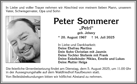 Traueranzeige von Peter Sommerer von Allgäuer Zeitung, Kaufbeuren/Buchloe