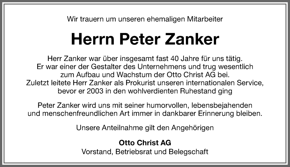  Traueranzeige für Peter Zanker vom 04.08.2025 aus Memminger Zeitung