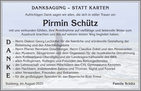 Traueranzeige von Pirmin Schütz von Allgäuer Zeitung,Kempten
