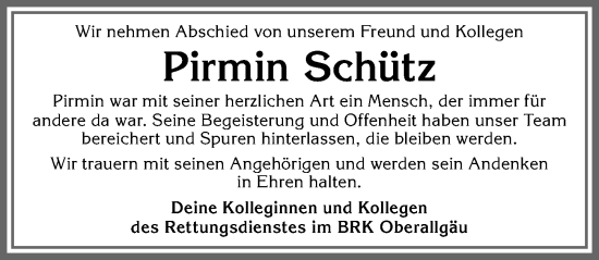 Traueranzeige von Pirmin Schütz von Allgäuer Zeitung,Kempten