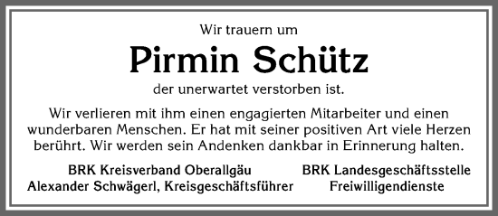 Traueranzeige von Pirmin Schütz von Allgäuer Zeitung,Kempten