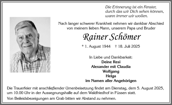 Traueranzeige von Rainer Schömer von Allgäuer Zeitung, Füssen