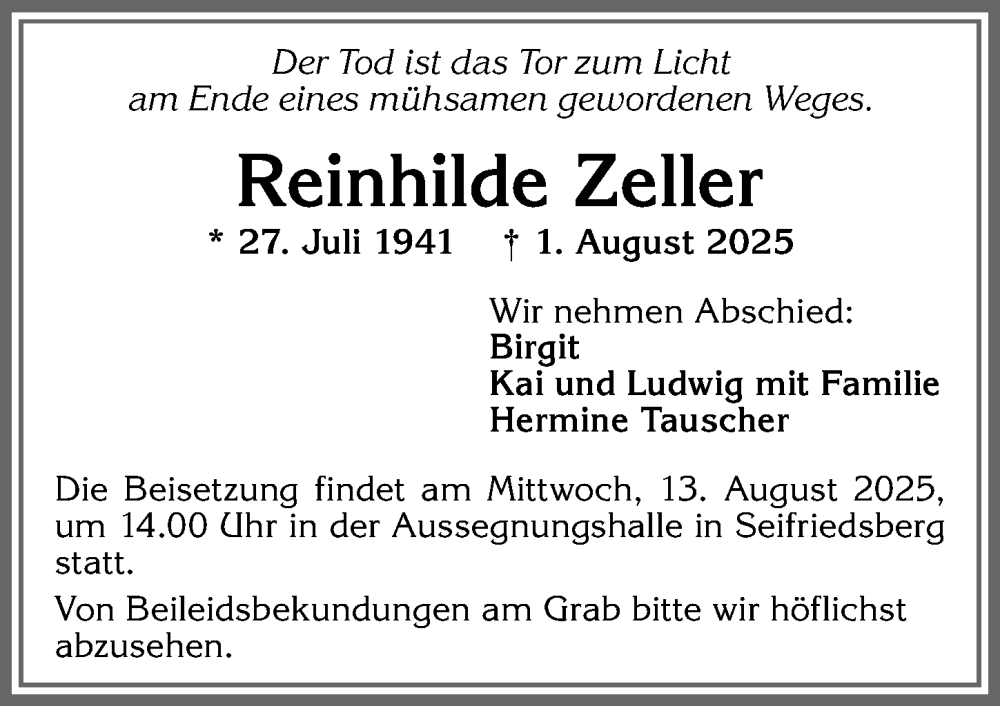  Traueranzeige für Reinhilde Zeller vom 09.08.2025 aus Allgäuer Anzeigeblatt