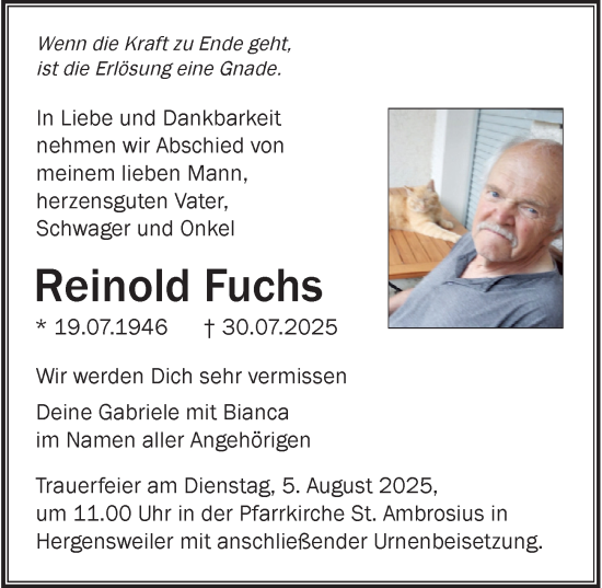 Traueranzeige von Reinold Fuchs von Der Westallgäuer