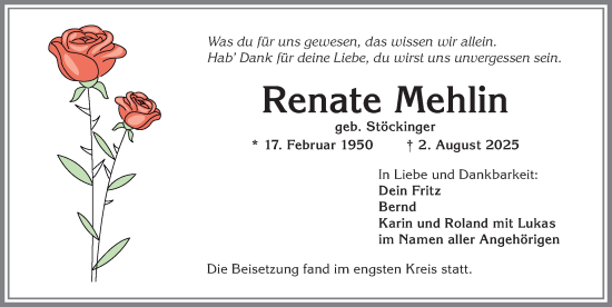 Traueranzeige von Renate Mehlin von Allgäuer Zeitung,Kempten