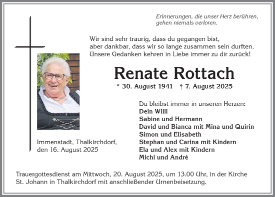 Traueranzeige von Renate Rottach von Allgäuer Anzeigeblatt