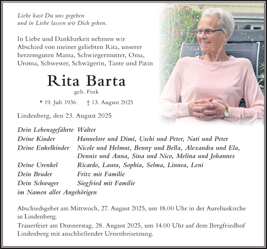 Traueranzeige von Rita Barta von Der Westallgäuer