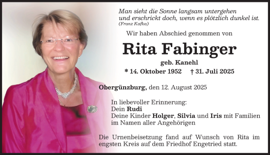 Traueranzeige von Rita Fabinger von Allgäuer Zeitung, Marktoberdorf