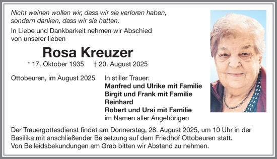 Traueranzeige von Rosa Kreuzer von Memminger Zeitung