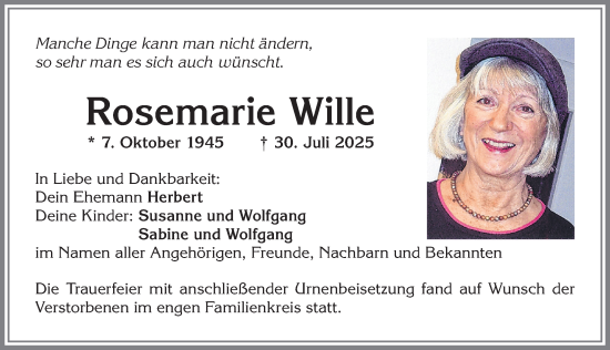Traueranzeige von Rosemarie Wille von Allgäuer Zeitung,Kempten
