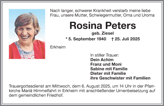 Traueranzeige von Rosina Peters von Memminger Zeitung